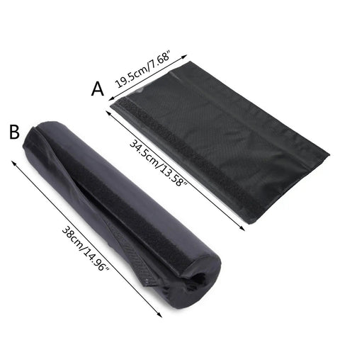 Barbell Squat Pad Shoulder Protector, breathable fabric gym pad dimensions with 19.5cm x 34.5cm and rolled up view for weightlifting.
