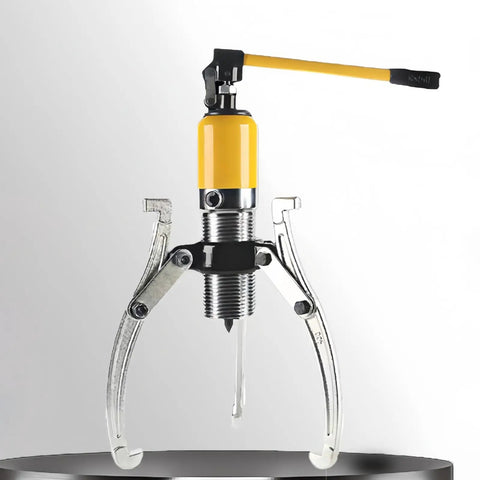 Shop Grade Manual Bearing Puller Kit With 5 Ton Hydraulic Strength, showcasing a yellow and silver hydraulic gear extractor.