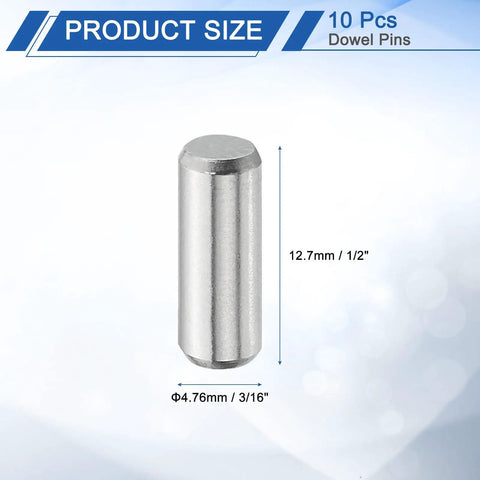 10 Piece 3/16x1/2 Inch Cylindrical Dowel Pins Heavy Duty Bearing Steel Shelf Support Pegs from side view showing size and detail.