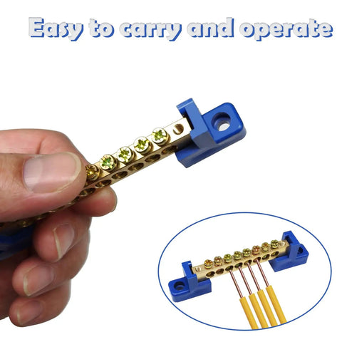 Hand holding Heavy Duty Grounding Bus Bar Kit 4 Pack with brass terminals, showcasing six-position terminal block.
