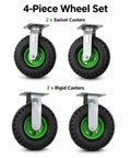 10 Inch Heavy Duty Pneumatic Casters Set Of 4 With Silky Smooth Air Rubber Tires For Industrial Utility Use And Heavy Freight Equipment Tough Construction Crushes Weight Like A Champ And Glides Over Pavement Without Breaking A Sweat - 2 swivel and 2 rigid casters with green centers.