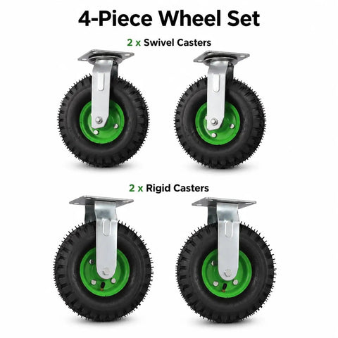 10 Inch Heavy Duty Pneumatic Casters Set Of 4 With Silky Smooth Air Rubber Tires For Industrial Utility Use And Heavy Freight Equipment Tough Construction Crushes Weight Like A Champ And Glides Over Pavement Without Breaking A Sweat - 2 swivel and 2 rigid casters with green centers.