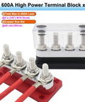 Heavy Duty 600 Amp Copper Bus Bar Power Distribution Block Featuring Nickel Plated 3/8 Terminals Protective Snap Cover Positive Negative Wiring Hub Seriously Beefy For Hot Rod Racing Custom Audio Builds And Top Shelf Voltage Control 2 Pack, showing red wiring and clear cover.