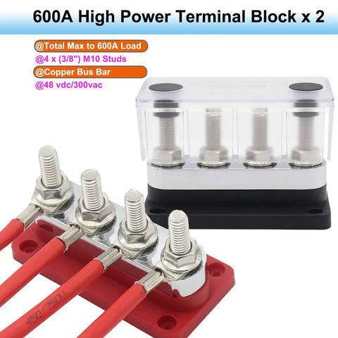 Heavy Duty 600 Amp Copper Bus Bar Power Distribution Block Featuring Nickel Plated 3/8 Terminals Protective Snap Cover Positive Negative Wiring Hub Seriously Beefy For Hot Rod Racing Custom Audio Builds And Top Shelf Voltage Control 2 Pack, showing red wiring and clear cover.