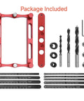 Heavy Duty Center Finder Gauge With Interchangeable Stainless Rods, red and black doweling jig kit with drill bits.
