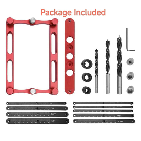 Heavy Duty Center Finder Gauge With Interchangeable Stainless Rods, red and black doweling jig kit with drill bits.