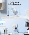 9 In 1 USB C Surge Protector Outlet Extender in kitchen and bathroom setups, wall-mounted with 6 AC outlets, USB ports
