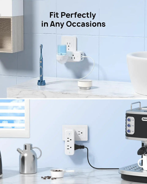 9 In 1 USB C Surge Protector Outlet Extender in kitchen and bathroom setups, wall-mounted with 6 AC outlets, USB ports