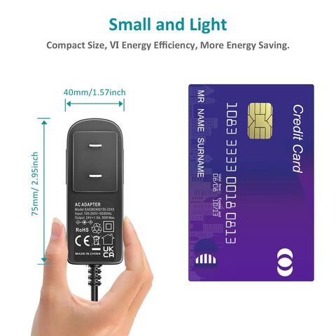 24V 1.5A Power Supply Adapter 100-240V AC To DC 5.5mm x 2.1mm plug shown beside a credit card for size comparison.