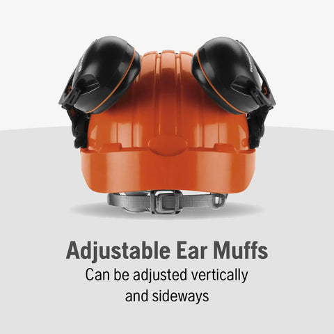 Chainsaw Helmet With Metal Mesh Face Shield, Adjustable Ear Muffs, Sun Peak, HDPE Forestry Shell, Orange, 6-Point Suspension