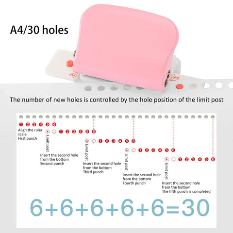 Six Hole Punch For Loose Leaf Paper A4 A5 B5 Portable Handheld Metal Circle Puncher 5 Sheet Capacity Pink showing hole alignment guide.