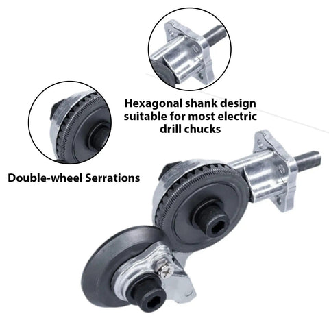 Upgraded Electric Drill Sheet Metal Cutter Attachment Professional Metal Nibbler Tool With Adapter, showing hexagonal shank and double-wheel serrations.