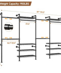 Wall Mounted Garment Rack With Four Expandable Rods And Eight Adjustable Shelves, Industrial Pipe Clothing Racks In Black Metal, Easy Assembly