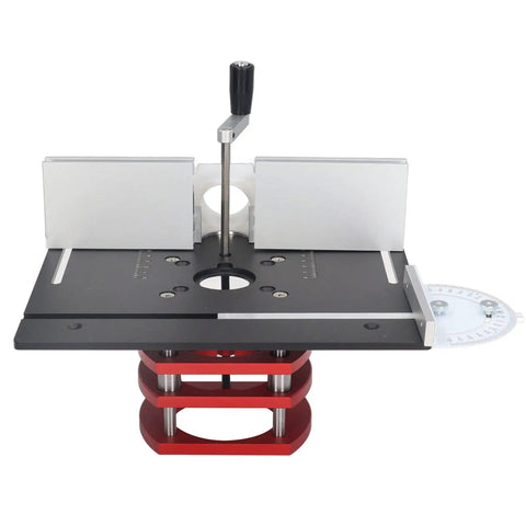 Smooth Operator Router Lift Base With Insert Plate For 65Mm Motors shows height adjustment and precision design for woodworking.