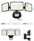 Diagram of 100W Smart LED Security Flood Light With Motion Sensor, adjustable heads, wiring guide, side and front views, black.