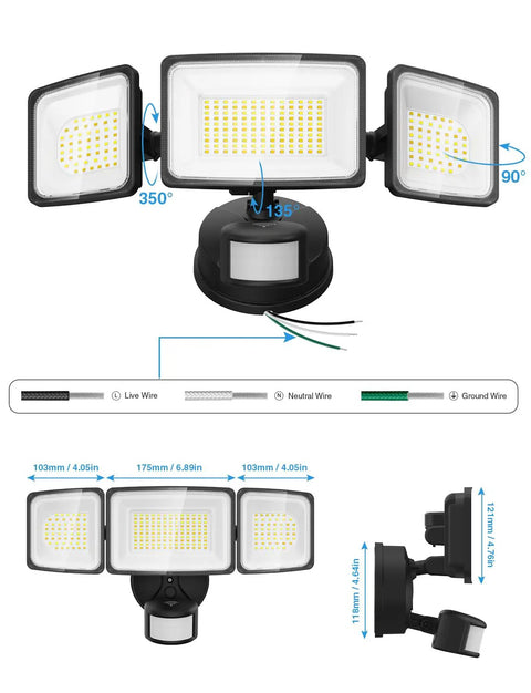 Diagram of 100W Smart LED Security Flood Light With Motion Sensor, adjustable heads, wiring guide, side and front views, black.