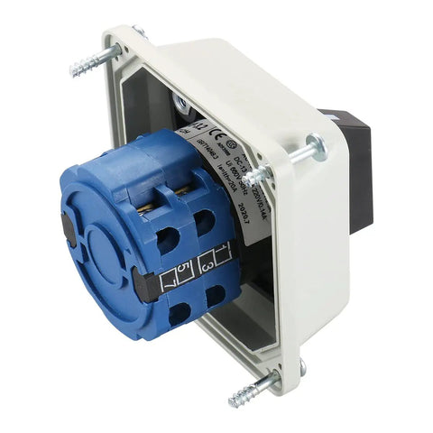 Close-up of 20A 660V Rotary Changeover Switch With Exterior IP54 Box showing internal cam mechanism and eight terminals for motor control and generator transfer