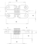 Technical drawing of Invisible Zamak Cross Hinge Set Concealed 180 Degree Hinge With Stainless Steel Look with dimensions.