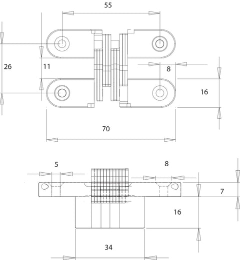 Technical drawing of Invisible Zamak Cross Hinge Set Concealed 180 Degree Hinge With Stainless Steel Look with dimensions.