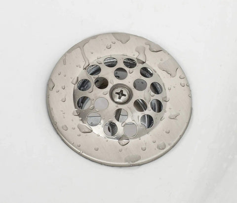 Slick Brushed Nickel Trip Lever Tub Drain Trim Kit Set With Overflow Face Plate Bathtub Drain Strainer And Screws Easy Swap DIY Install To Level Up Your Bathroom Setup Today showing a close-up of the drain cover with water droplets.