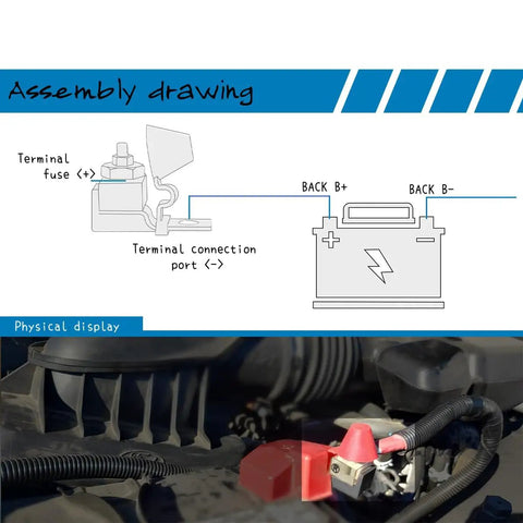 Heavy Duty 100 Amp IP66 Waterproof Fuse Block Kit With 5/16 Inch Stud Terminals For RV Car Boat Crane And Charging Stations Five Pack Durable Ceramic PPS Housing Delivers Reliable Battery Protection On The Move. wiring diagram and installed fuse block on battery terminal