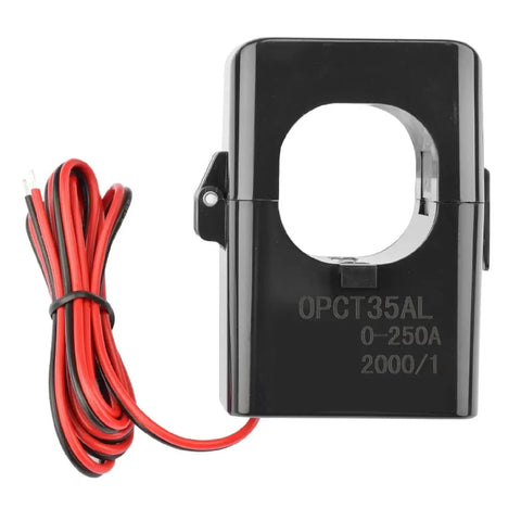 Split Core Current Transformer With 0.5 Class Accuracy Open AC Clamp Sensor Dead On Precision For EV Chargers And Grid Monitoring Plug And Play Zero Hassle Mount 1000 To 5000 Ratio with attached red and black wires.