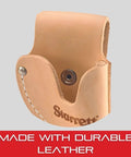 Heavy Duty Leather Belt Holster For 1 Inch Outside Micrometer with sturdy stitching and secure button clasp, tan color