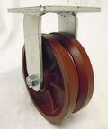 Heavy Duty 6 X 2 Inch Swivel Caster Set With Brake And Rigid Duo Featuring Seven Eighths Inch V Groove Ductile Steel Wheels on a metal bracket.