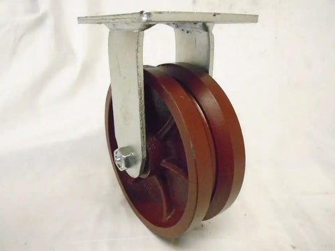 Heavy Duty 6 X 2 Inch Swivel Caster Set With Brake And Rigid Duo Featuring Seven Eighths Inch V Groove Ductile Steel Wheels on a metal bracket.