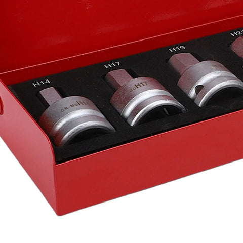 Badass 9 Piece 3/4 Inch Drive Hex Bit Socket Set Featuring Spline Bits H14 H17 H19 H21 H22 H23 displayed in red case.