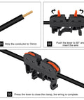 Image showing installation steps for Pro Grade Din Rail Terminal Block Kit 30 Piece Universal Compact Wire Connector Set With Marker Strips And Connection Bars Plus 30 Screws For 28 12 AWG Wire Easy Install Safe Flame Retardant Corrosion Resistant Electrical Splice Kit with wire stripping, lever use, and clamp closure.