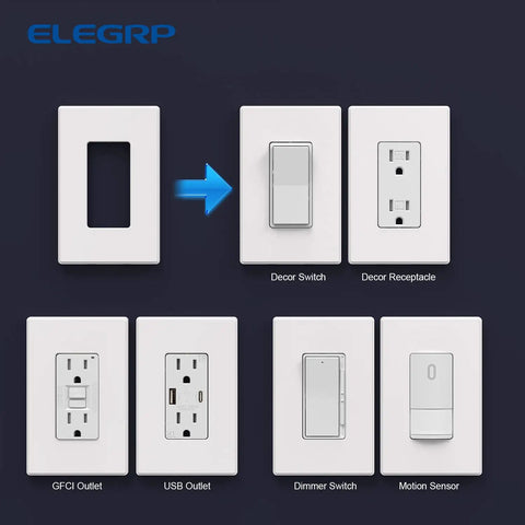 1 Gang Screwless Wall Plate Mid Size Built Tough Unbreakable Thermoplastic Faceplate Cover for Decorator Receptacle Outlet Switch UL Listed Matte White 20 Pack with various switches and outlets