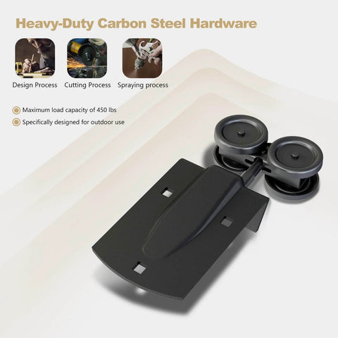10 Ft Heavy Duty Box Rail Exterior Sliding Barn Door Hardware Kit, 450 Lb Capacity, Black Powder Coated Finish, Built For Outdoor Use, Fits Single Door Up To 60 Inches, Rugged And Ready Outdoor Barn Door System close-up of black steel hardware with wheels for outdoor use.