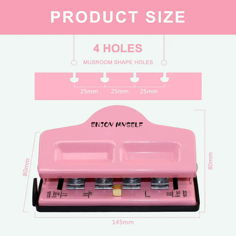 Mushroom Discbound Hole Punch For Four Holes Adjustable Paper Puncher in pink showing dimensions and design details.