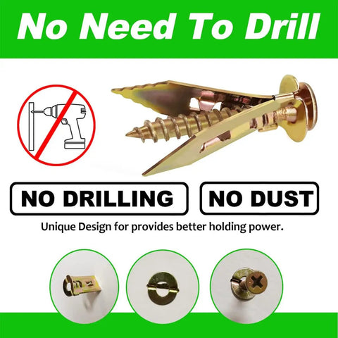 No Drill Drywall Anchors And Screws Kit Hangs Heavy Loads Up To Eighty Pounds Without Breaking A Sweat showing unique design and screws.