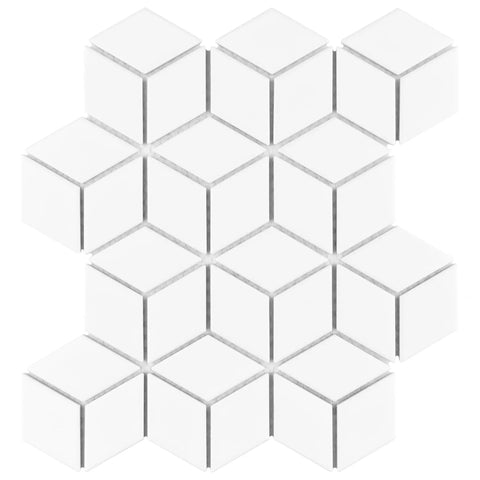 Metro Rhombus Matte White Porcelain Tile For Floor And Wall, 10.5 In By 12.13 In Mesh Mounted Mosaic showing rhombus pattern.