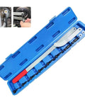 Camshaft locking tool set in blue case with metal bar and attachments for engine timing belt service (top view).