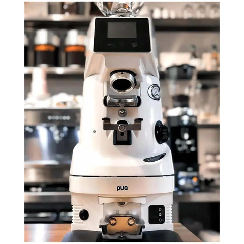 Precision Automatic Coffee Tamper Featuring Smooth Adjustable Pressure And Customizable Tamping Profiles For 54 Millimeter Portafilters with a sleek white design.