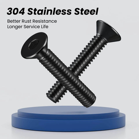 Three Eighth Inch Flat Head Socket Cap Screws Size Eight By Thirty Two Thread Full Thread Stainless Steel 304 With Black Zinc Finish Countersunk Bolts Pack Of One Hundred Hex Wrench Included displayed