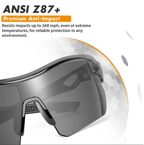 Close-up of Six Pack Safety Glasses ANSI Z87.1 Plus UV Protective Eyewear with anti-impact resistant lens.
