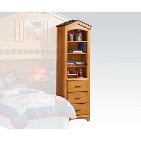 Straight Up Solid Rustic Oak Tree House Bookcase With Hand Brushed Sandy Black Finish And Vintage Wall Clock Mirror Set Crafted For Bedroom Storage That Looks Dang Fantastic, showcasing tall oak design with open shelves and drawers.