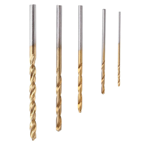 Close-up of five drill bits from a 50 Piece High Speed Steel Twist Drill Bit Set With Straight Shank For Metal Wood Plastic DIY Drilling Projects, Durable HSS Bits With Emery Coating, Five Popular Bit Types, Lightweight And Compact, Great For Pros And Home Use