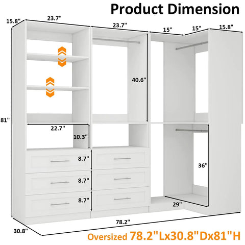 Product dimension diagram of Super Game Changer Modular Closet Organizer featuring nine roomy drawers and hanging rods.