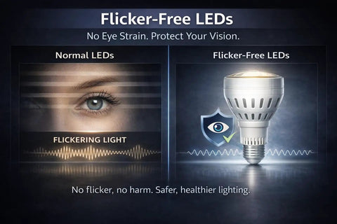 Comparison of flickering in normal LEDs versus flicker-free Art Studio LED Smart Bulbs Six Pack With Remote, 1260 Lumens, True Color Lighting.