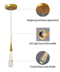 Gold Brushed Brass Teardrop Crystal Pendant Lights 3-Pack, Dimmable LED Ceiling Fixtures with height adjustment and glass shade