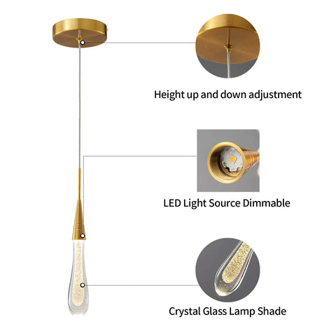 Gold Brushed Brass Teardrop Crystal Pendant Lights 3-Pack, Dimmable LED Ceiling Fixtures with height adjustment and glass shade