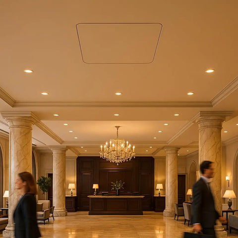 Super Tight Flush Mount Ceiling Access Panel For Drywall With A Rock Solid Forty Five Minute Fire Rating And Tough GFRG Alternative Frame Featuring Zero Hassle Gravity Closure Made In Usa For A Perfect Eighteen By Eighteen Inch Ceiling Opening in a luxurious lobby setting.