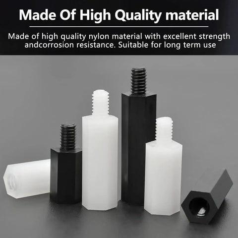 Nylon Hex Spacers And Standoffs Kit All In One, 740 Pieces Black And White M2.5 Assortment For PCBs And UAVs, close-up view