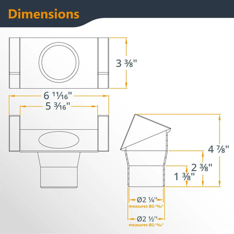 Dimensions of Router Table Dust Port Adapter For Two And A Half Inch Dust Collection Hose With Easy Plug And Play Fence Mount Connection Designed For Shop Vac Or Dust Extractor Setup.