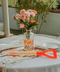 D Shaped Garden Fork Replacement Handle for Spading Shovel on table with flowers